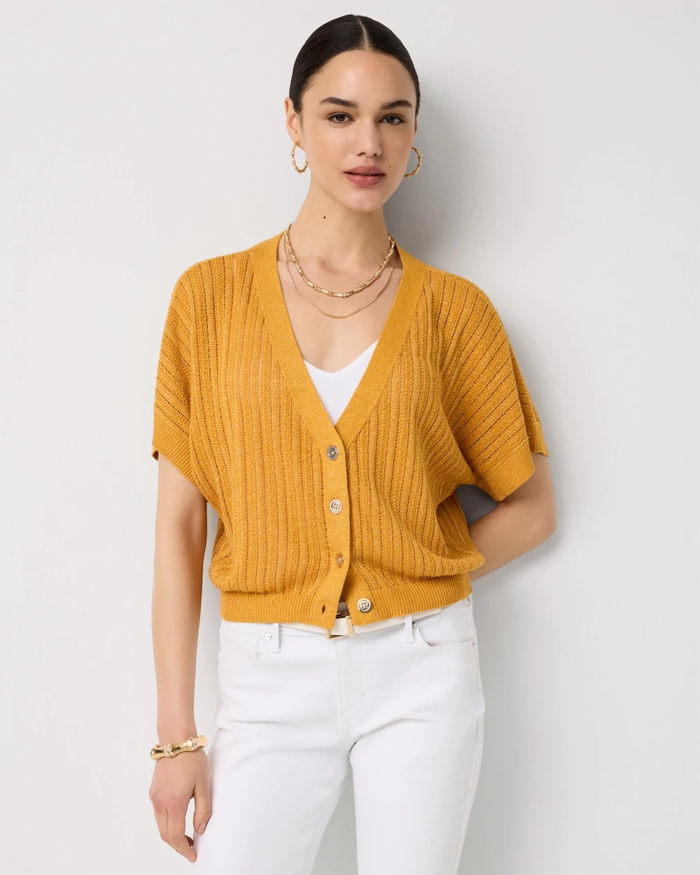 Metallic Short Sleeve Cardigan | White House Black Market